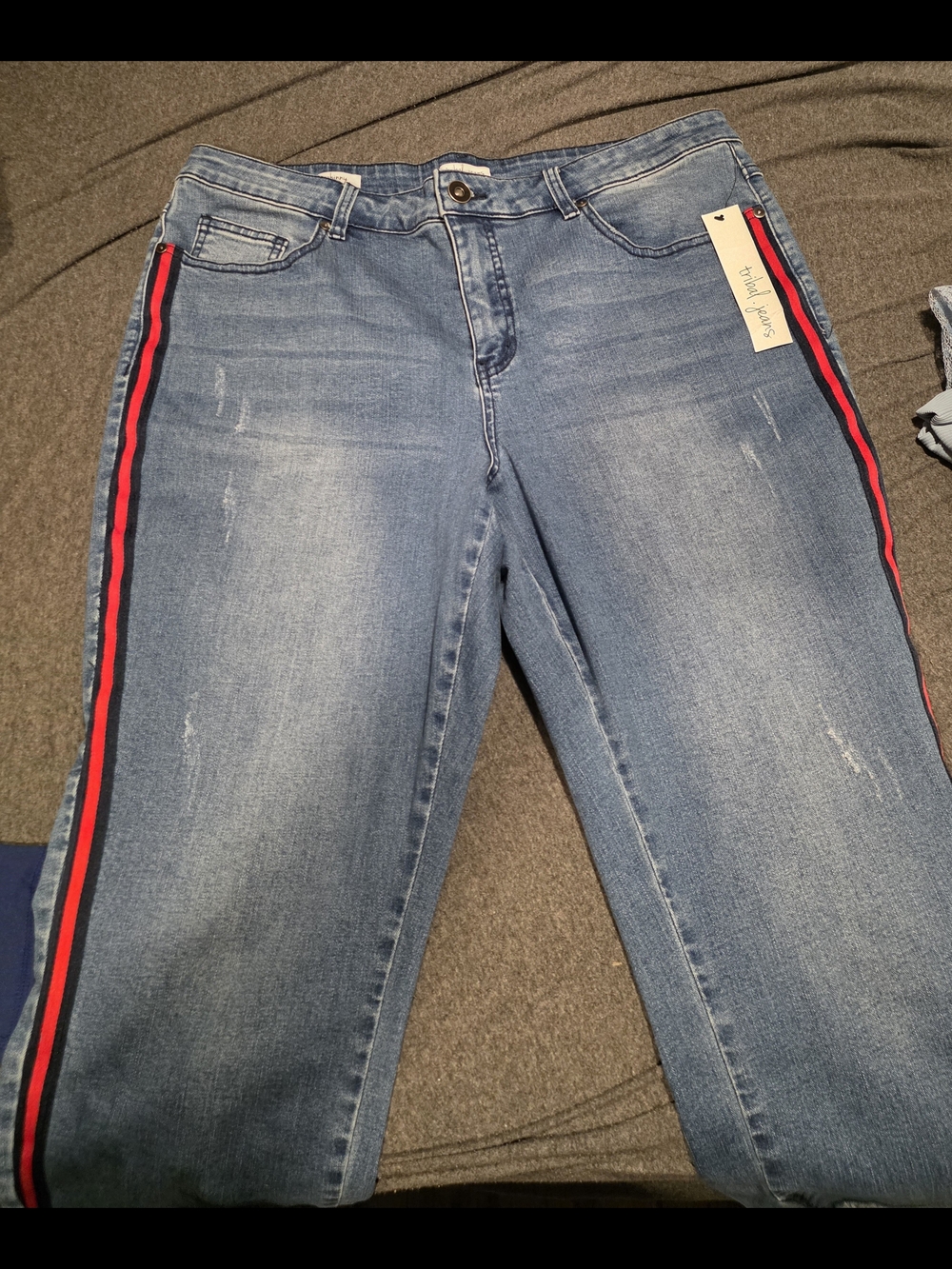 Tribal Jeans-Women's Blue Denim Jeans with Red & Black Side Stripe